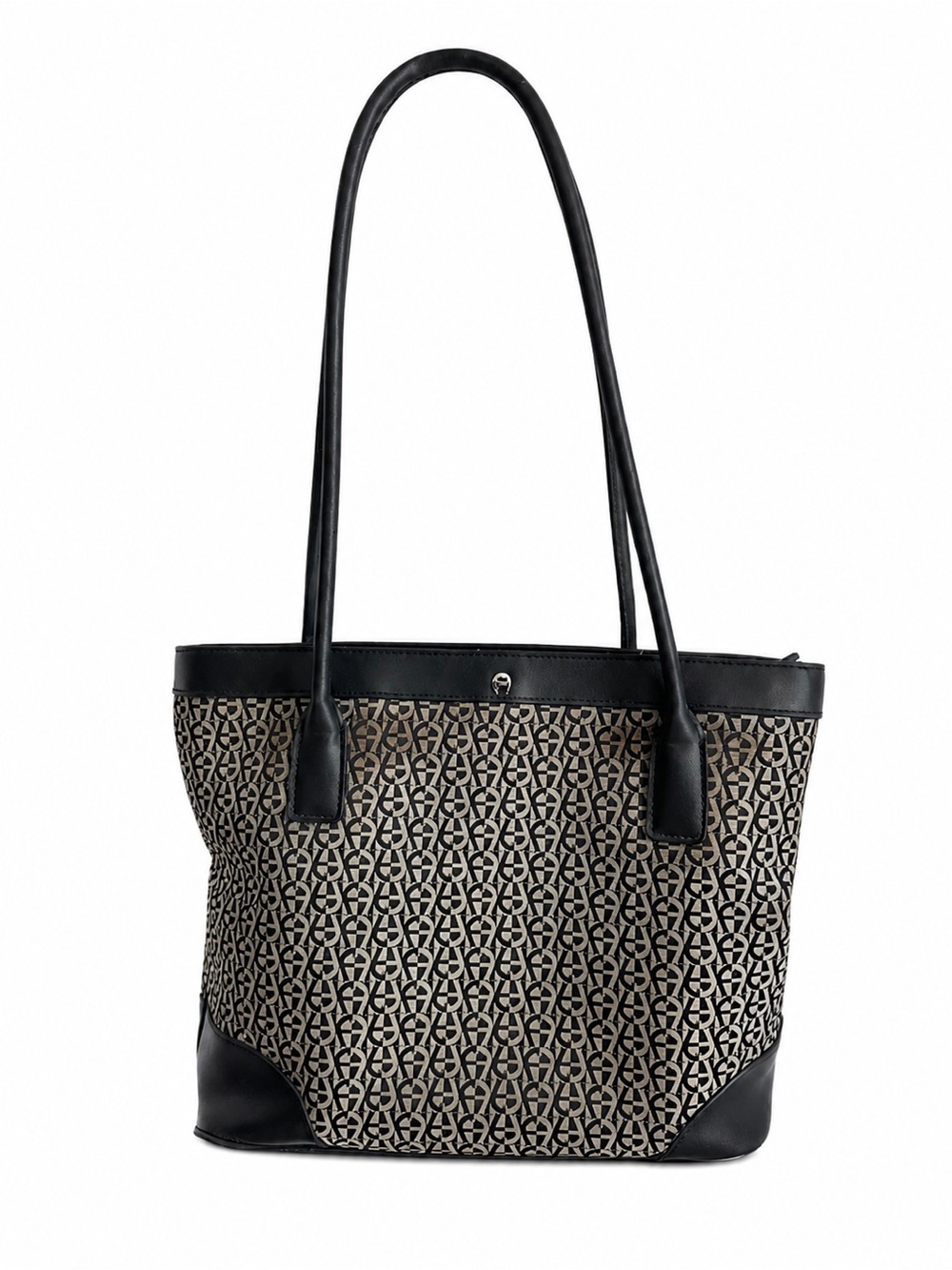 Etienne Aigner Signature Logo Tote Purse Black‎ Beige Monogram Shoulder Bag